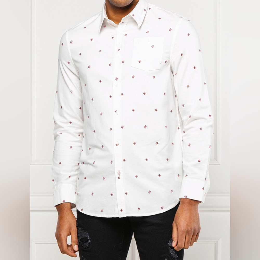 Guess Slim Fit Sunset Oxford Dress Shirt White Logo Print Mens Large